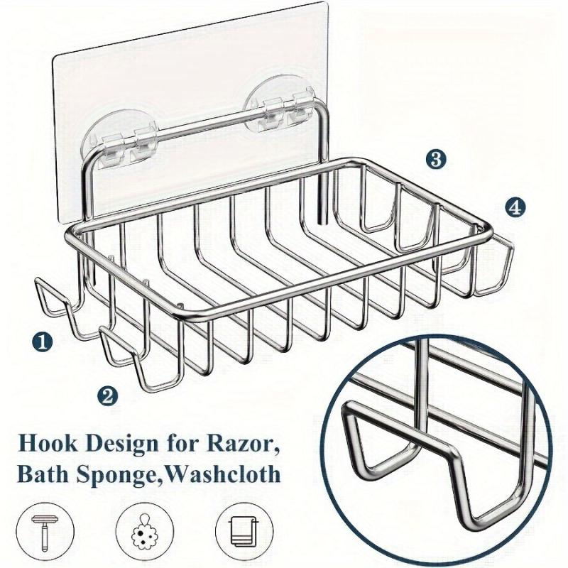 Stainless Steel Soap Dish Holder with 4 Hooks - Bathroom Shower Adhesive