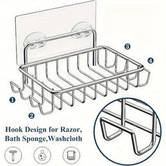 Stainless Steel Soap Dish Holder with 4 Hooks - Bathroom Shower Adhesive