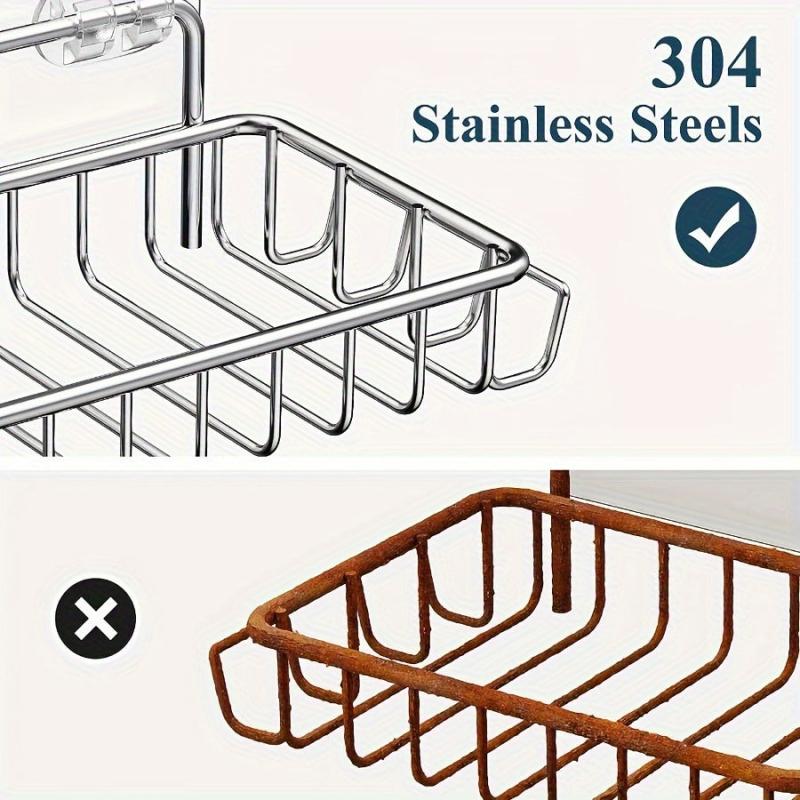 Stainless Steel Soap Dish Holder with 4 Hooks - Bathroom Shower Adhesive