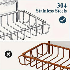 Stainless Steel Soap Dish Holder with 4 Hooks - Bathroom Shower Adhesive