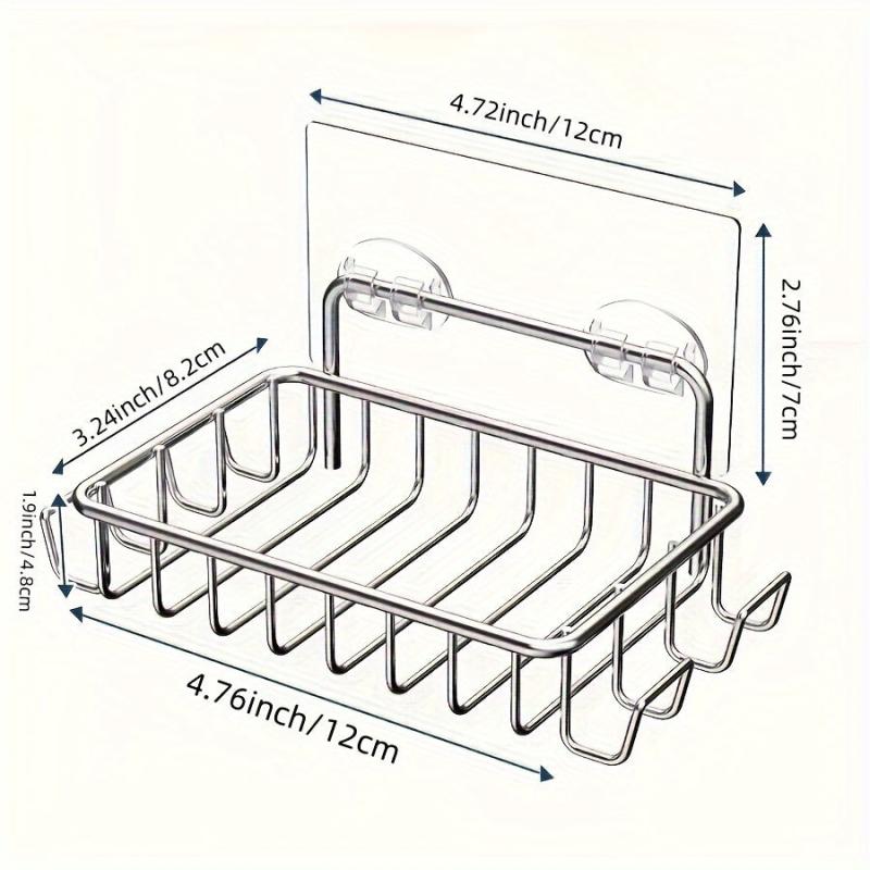 Stainless Steel Soap Dish Holder with 4 Hooks - Bathroom Shower Adhesive
