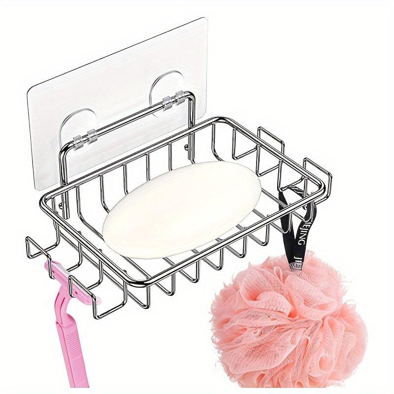 Stainless Steel Soap Dish Holder with 4 Hooks - Bathroom Shower Adhesive