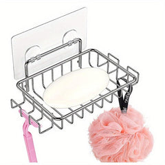 Stainless Steel Soap Dish Holder with 4 Hooks - Bathroom Shower Adhesive