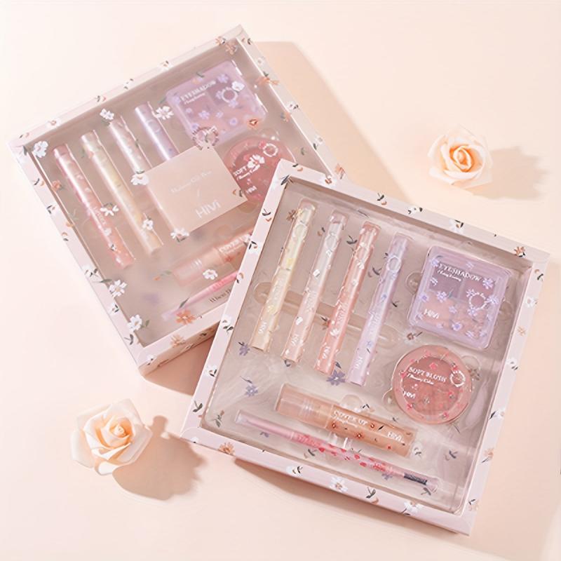 8pcs Flower Makeup Set: Lip Gloss, Lipstick, Blush, Eyeliner, Eyeshadow