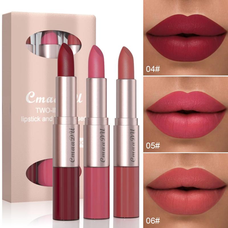 Long Lasting Lipstick & Lip Gloss Set Double Headed for Natural Lustrous Texture