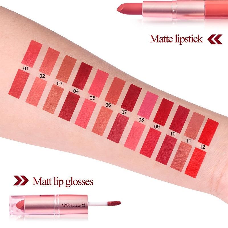 Long Lasting Lipstick & Lip Gloss Set Double Headed for Natural Lustrous Texture
