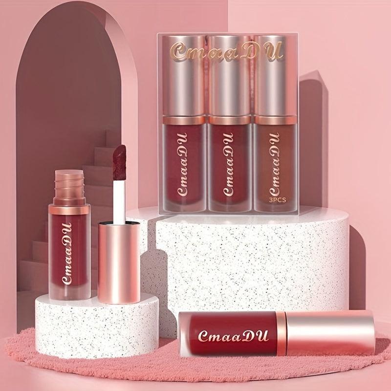 3pcs Matte Lip Gloss Set in Berry Red Tone