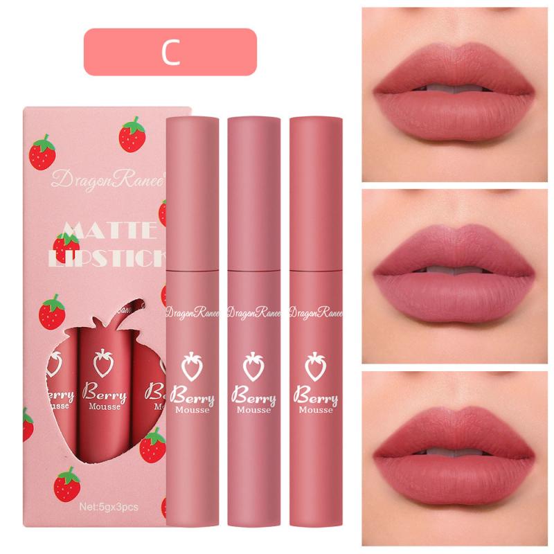 3pcs Strawberry Lip Gloss Set Matte Finish Lip Tint Smudge Proof Lip Makeup