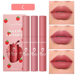 3pcs Strawberry Lip Gloss Set Matte Finish Lip Tint Smudge Proof Lip Makeup