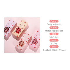 3pcs Strawberry Lip Gloss Set Matte Finish Lip Tint Smudge Proof Lip Makeup