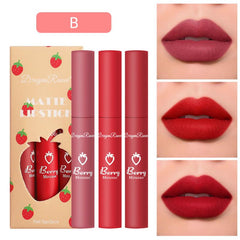 3pcs Strawberry Lip Gloss Set Matte Finish Lip Tint Smudge Proof Lip Makeup