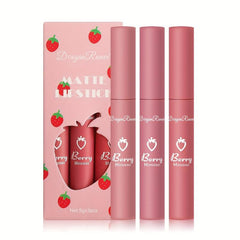 3pcs Strawberry Lip Gloss Set Matte Finish Lip Tint Smudge Proof Lip Makeup