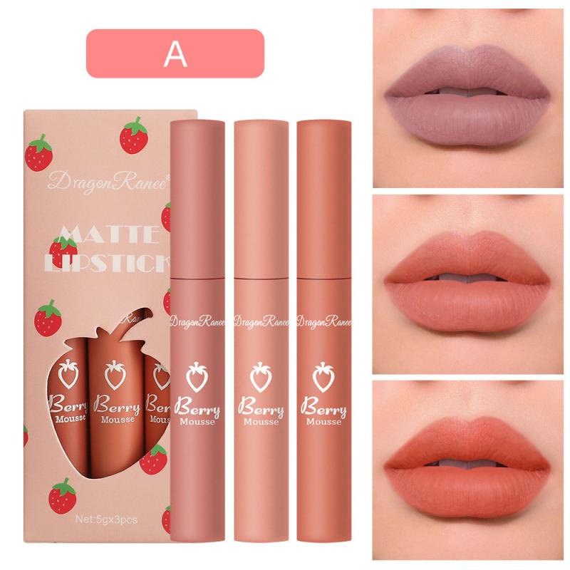 3pcs Strawberry Lip Gloss Set Matte Finish Lip Tint Smudge Proof Lip Makeup