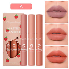 3pcs Strawberry Lip Gloss Set Matte Finish Lip Tint Smudge Proof Lip Makeup