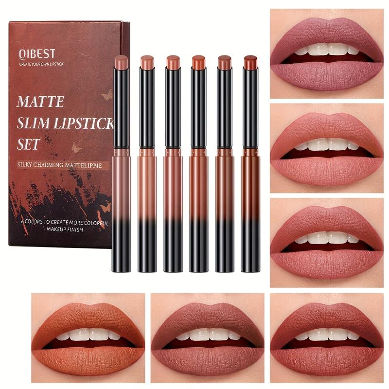 6Pcs Waterproof Lip Liner & Lipstick Set Kit Chestnut Nude Dark Brown Matte Red