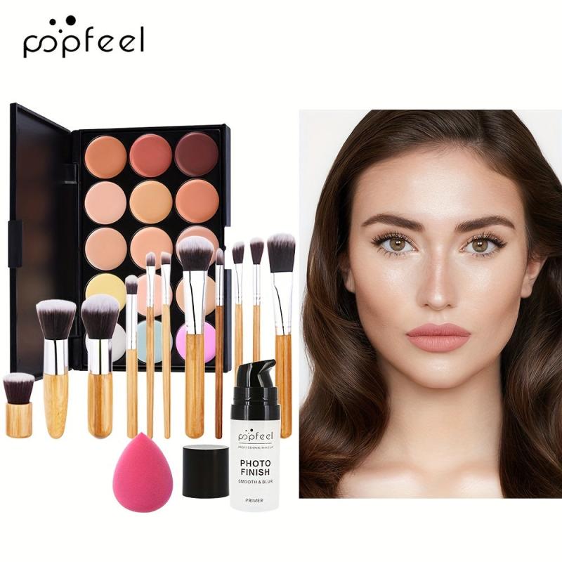 Face Makeup Set Primer Concealer Palette Powder Puff 11 Pcs Brushes