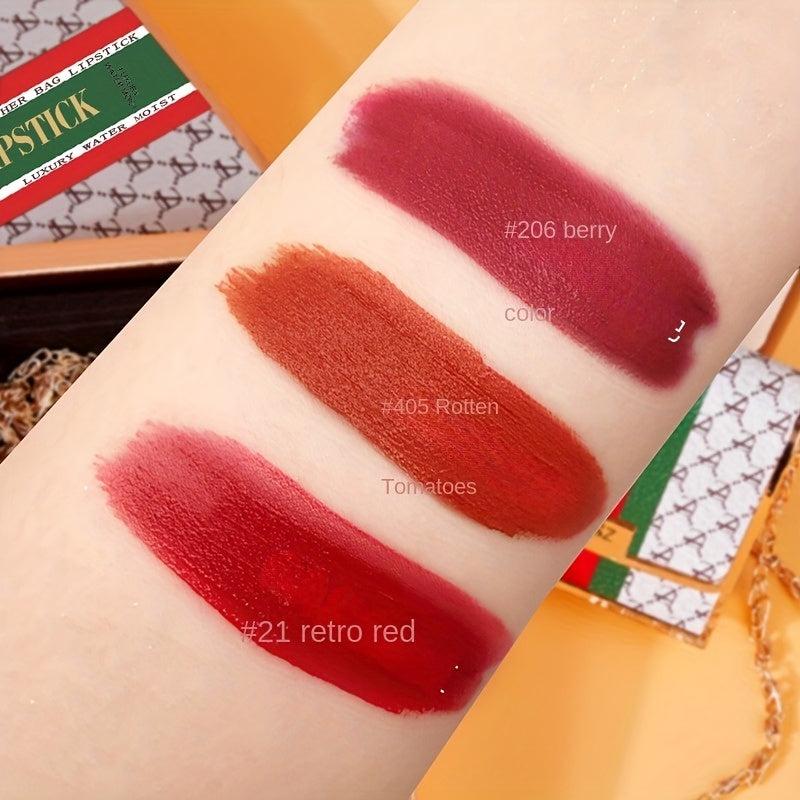 Matte Lipstick Set 3 Colors Lip Stick With Green Chain Bag