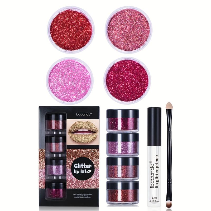 4-color Glitter Lip Gloss Kit with Primer Brush Waterproof Smudge Proof