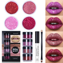 4-color Glitter Lip Gloss Kit with Primer Brush Waterproof Smudge Proof
