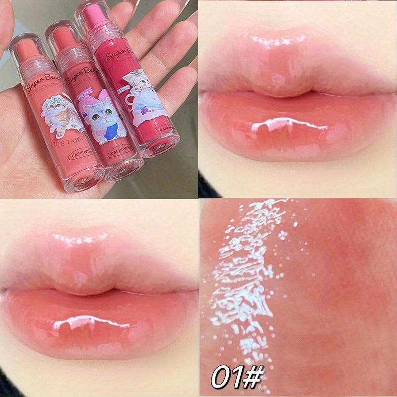 Cat Print 6 Jelly Lip Gloss Long Lasting Dew Sparkle Transparent Film