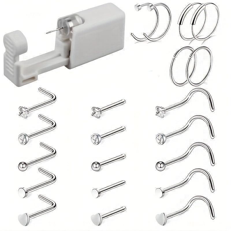 23pcs 316L Steel Sterile Nose Ring Stud Piercing Kit Gun Tool Earring Machine