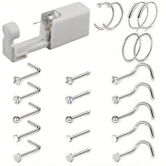 23pcs 316L Steel Sterile Nose Ring Stud Piercing Kit Gun Tool Earring Machine