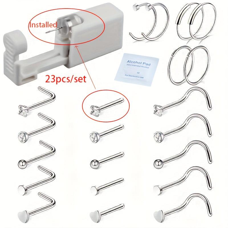 23pcs 316L Steel Sterile Nose Ring Stud Piercing Kit Gun Tool Earring Machine