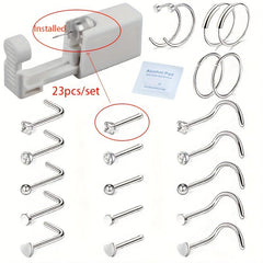 23pcs 316L Steel Sterile Nose Ring Stud Piercing Kit Gun Tool Earring Machine