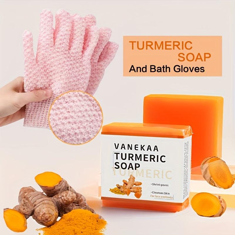 Turmeric Soap & Exfoliating Gloves for Soft Skin