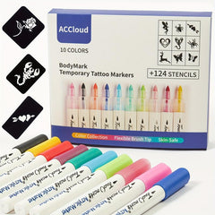 Temporary Tattoo Markers Set with 10 Colors & 124 Stencil Kit