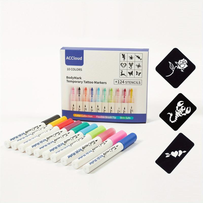 Temporary Tattoo Markers Set with 10 Colors & 124 Stencil Kit
