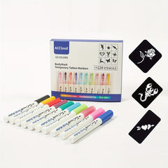 Temporary Tattoo Markers Set with 10 Colors & 124 Stencil Kit