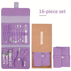 16-in-1 Mani-Pedi Set with Stainless Steel Tools & Leather Case