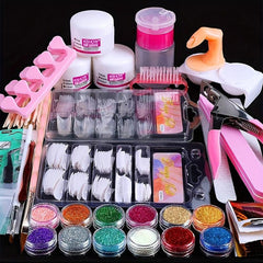 Acrylic Nail Kit 12 Glitter Powders Tips Decorations & Tools