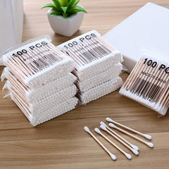 100pcs Disposable Cotton Swabs Double-ended Wooden Swabs Sanitary Cotton Buds