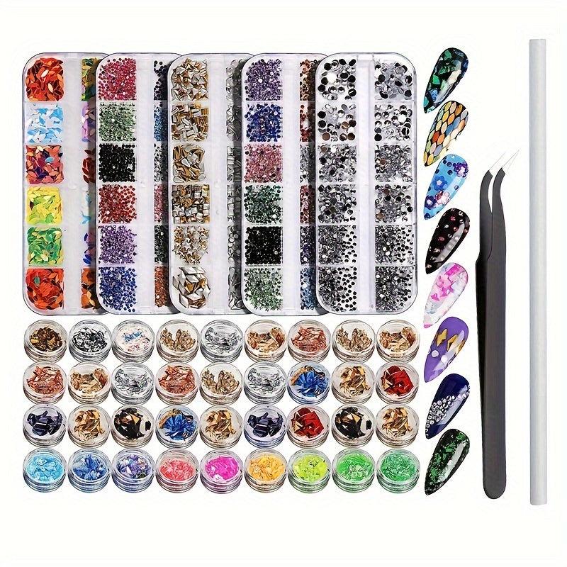 Nail Foil Rhinestones Flakes Decoration Kit with Gems Picker