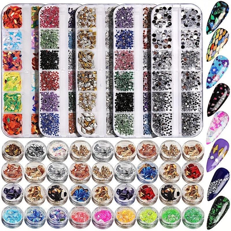Nail Foil Rhinestones Flakes Decoration Kit with Gems Picker