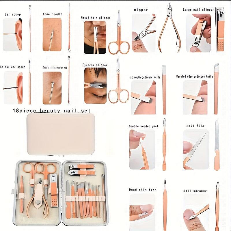 18-Piece Stainless Steel Nail Clippers Travel Set with Leather Case