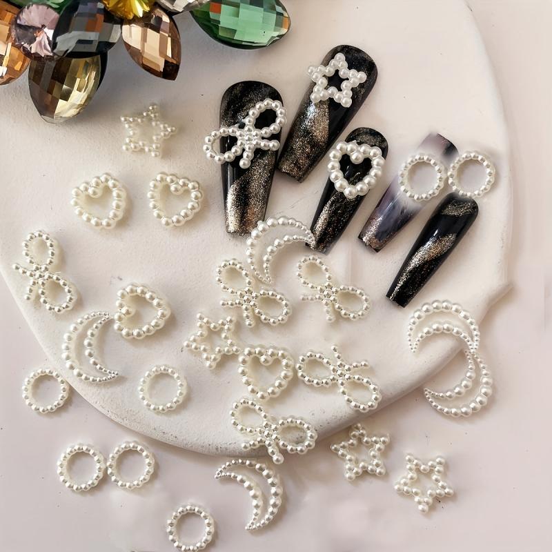 50pcs Pearl Nail Art Charms Heart Moon Bowknot DIY Nail Jewelry Accessories