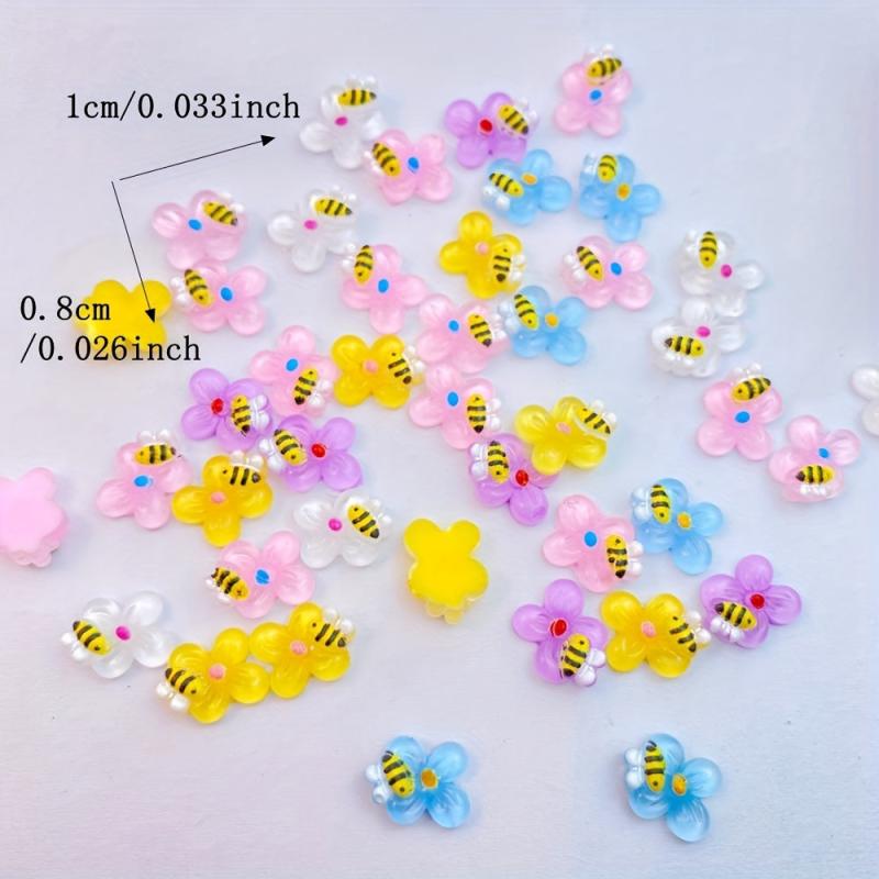 50Pcs Mini Bee Flowers Nail Charms Resin Nail Art Accessories