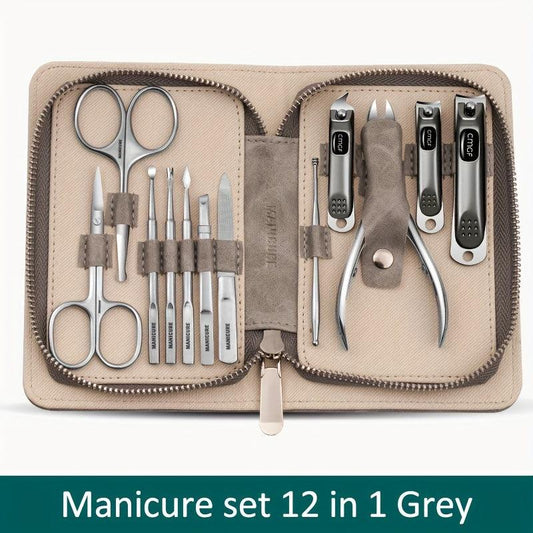 High Manicure Set Morandi Grey PU Leather Nail Clipper Kits