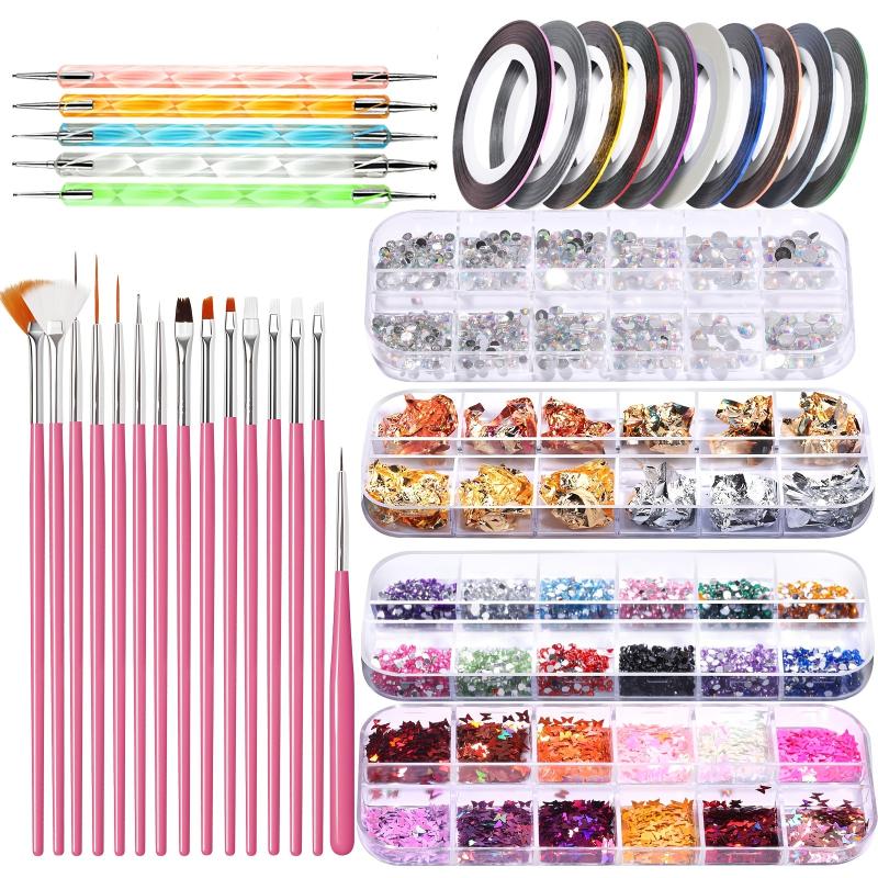 Nail Art Brushes Dotting Tools Kit for Beginners Rhinestone Foil Striping Tapes