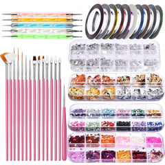 Nail Art Brushes Dotting Tools Kit for Beginners Rhinestone Foil Striping Tapes