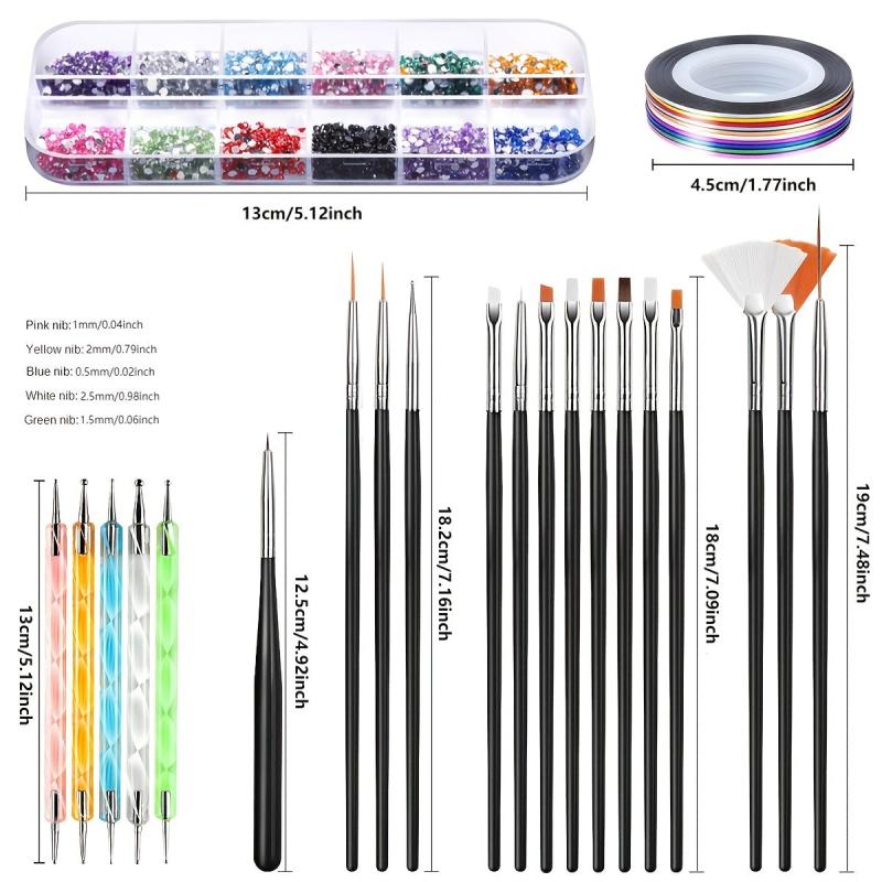 Nail Art Brushes Dotting Tools Kit for Beginners Rhinestone Foil Striping Tapes