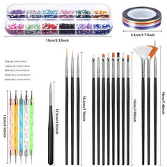Nail Art Brushes Dotting Tools Kit for Beginners Rhinestone Foil Striping Tapes