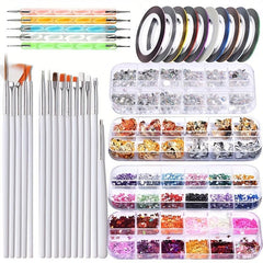 Nail Art Brushes Dotting Tools Kit for Beginners Rhinestone Foil Striping Tapes