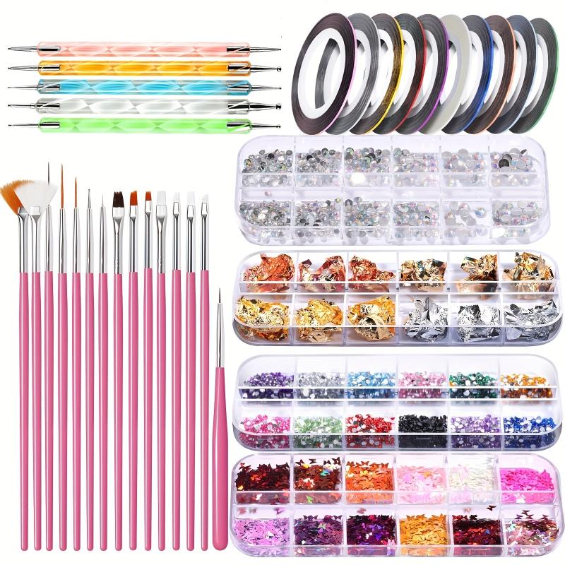 Nail Art Brushes Dotting Tools Kit for Beginners Rhinestone Foil Striping Tapes