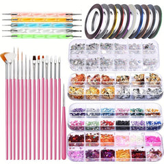 Nail Art Brushes Dotting Tools Kit for Beginners Rhinestone Foil Striping Tapes