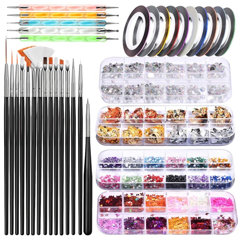 Nail Art Brushes Dotting Tools Kit for Beginners Rhinestone Foil Striping Tapes