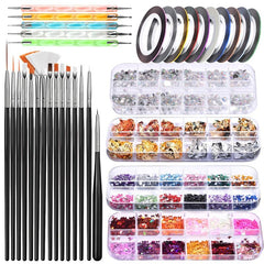 Nail Art Brushes Dotting Tools Kit for Beginners Rhinestone Foil Striping Tapes